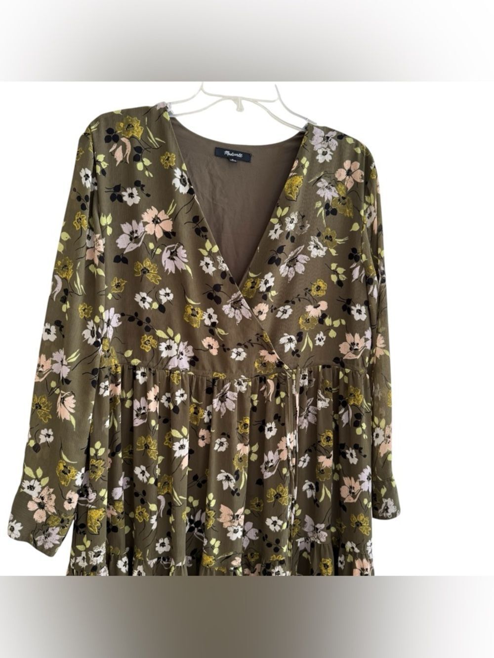 Madewell Cinch-Waist Tiered Midi Dress Wildblooms Olive Green Floral Cottage M - Picture 5 of 10